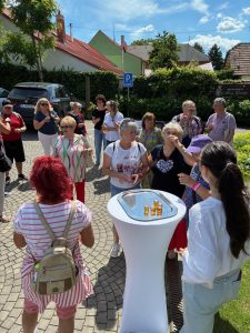 V exteriéri veľká skupina účastníkov ochutnáva medovinu s malých pohárikov rozložených na okrúhlich stoloch